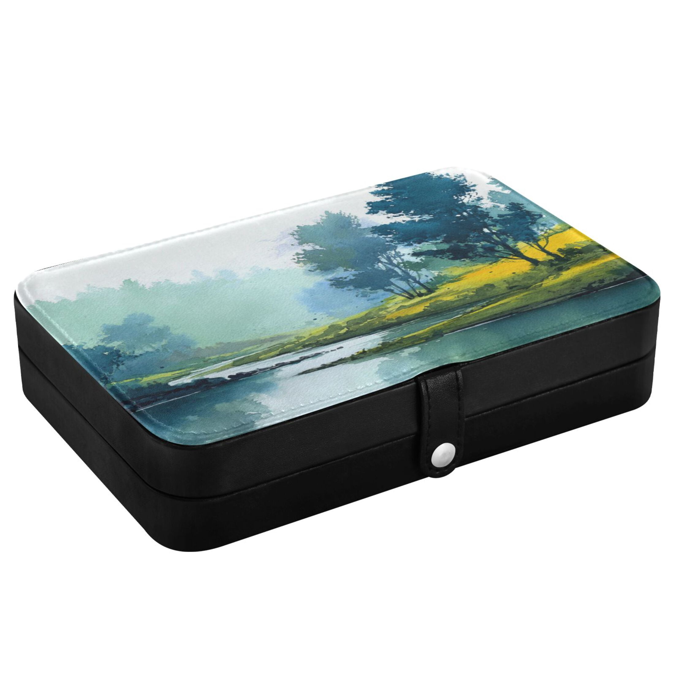 Leather Jewelry Box Rectangular 8.27x5.5x1.78In Travel Jewelry Storage Earrings Necklace Bracelet Watch Brooch Storage Watercolor Lake