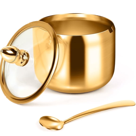 Sugar Bowl with Lid and Spoon,Bexikou Gold Sugar Container with Lid,Stainless Steel Sugar Bowl for Salt, Coffee, 10 oz