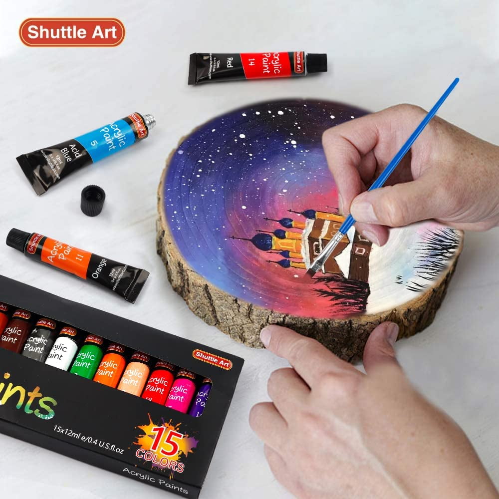 (3 pack) Acrylic Paint Set, Shuttle Art 15 x 12ml Tubes Non Toxic Rich Pigments Colors Perfect for Kids Adults Beginners Artists Painting on Canvas Wood Clay Fabric Ceramic Crafts