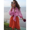 thumbnail image 5 of Womens Cotton Button Down Shirt Collared V Neck Long Sleeve Oversized Flannel Shirt Work Office Dressy Top Pink L, 5 of 9