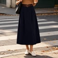 thumbnail image 2 of Women's Solid Corduroy Midi Skirt High Waist Flared A Line Long Skirt with Belt, Vintage Casual Swing Skirt for Autumn Winter Daily Commute & Weekend Outings Black, 2 of 6