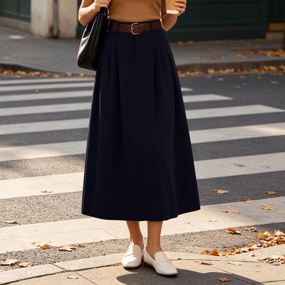 Pleated Midi Skirt for Women High Waist A-Line Flared Mid-Calf Skirt Business Casual Daily Wear Black S