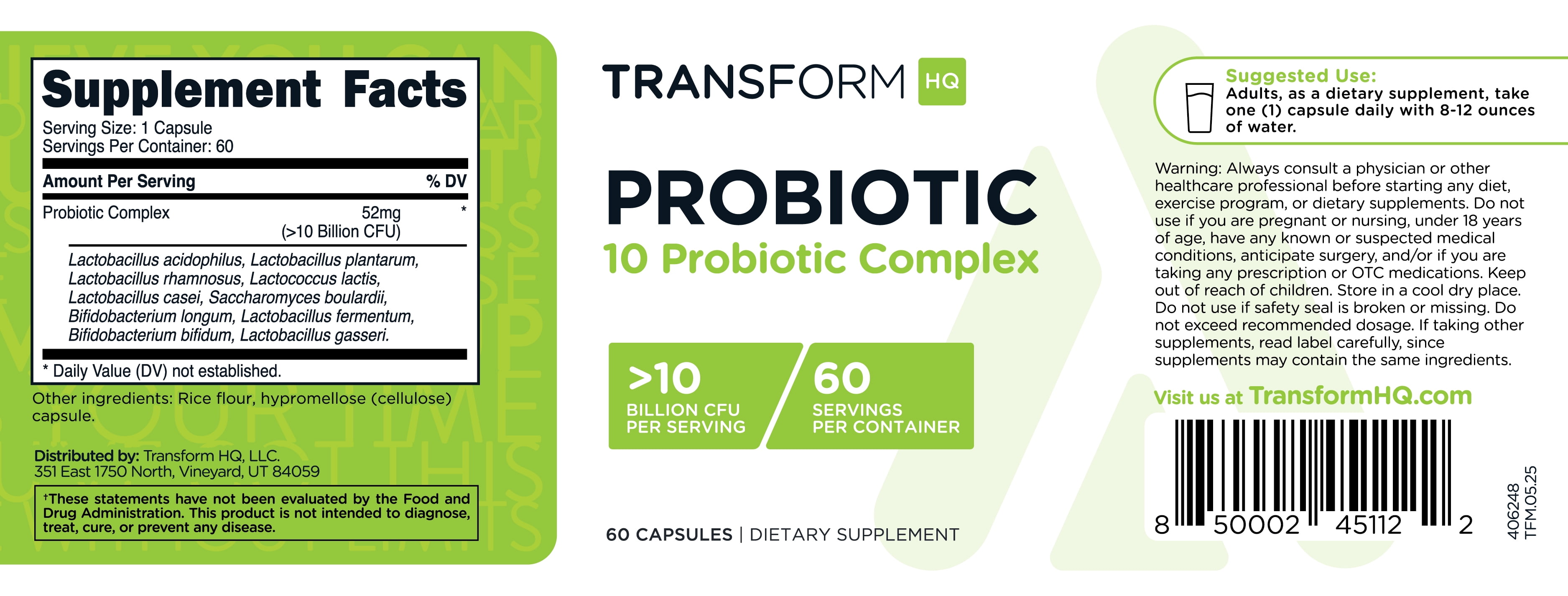 TransformHQ Probiotic (>10 Billion CFU) with Prebiotic + Digestive Enzymes Supplement, 28 Capsules