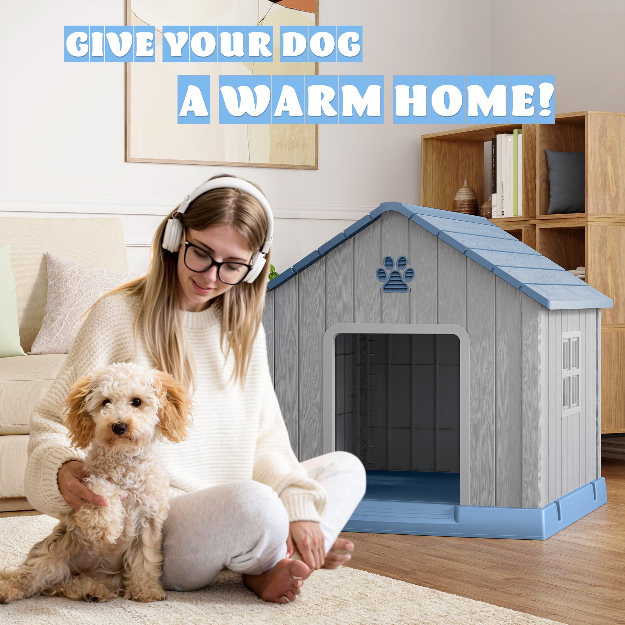 LHBcraft Dog House,Weatherproof Resin Shelter with Air Vents and Elevated Floor for Small-Medium Dogs,Dog kennel for Indoor&Outdoor,Blue,32.3" L x 29.9" W x 32.5" H