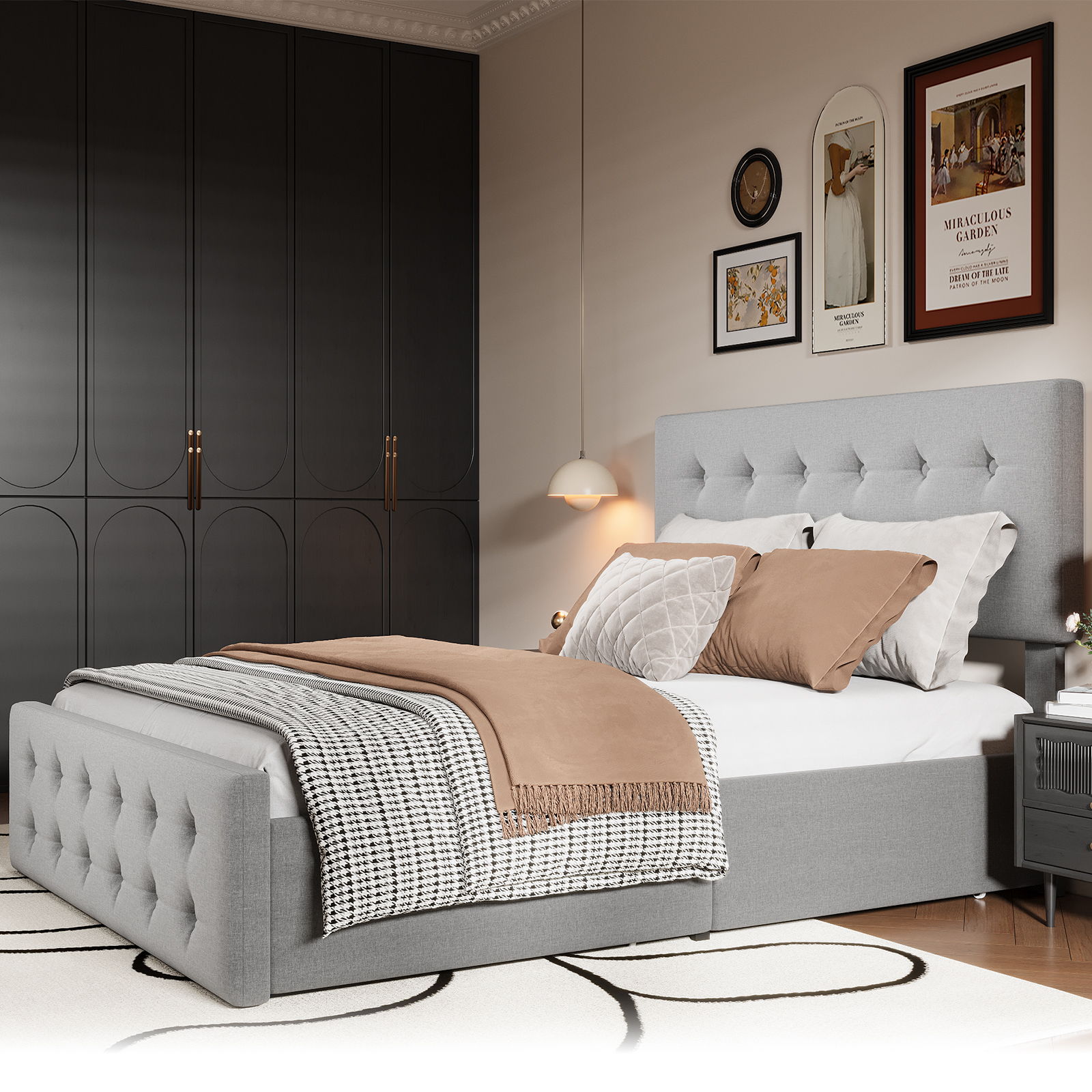 Full/Queen/King Size Upholstered Platform Bed Frame - Adjustable Headboard & 4 Storage Drawers, Button Tufted Design, No Box Spring Needed