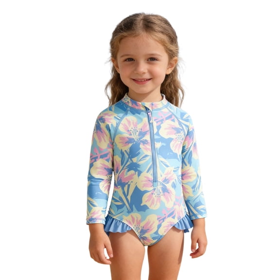 BOOMNY Toddler Baby Girls One Peice Swimsuits Long Sleeve Rash Guard for Kids Cartoon Graphic Lightweight Summer Vacation Beach Swimwear
