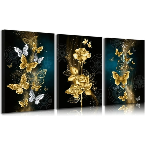 Abstract Gold Butterfly Canvas Wall Art Gold Butterfly And Rose Wall Decor Pictures Modern Luxury Flowers Posters Prints Painting for Living Room Bedroom（Only canvas）
