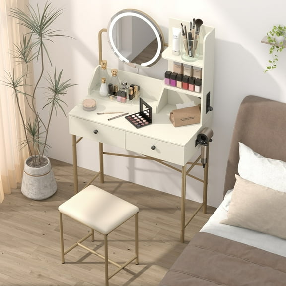 Manora Modern Makeup Vanity Table Set with Mirror, 2 Drawers and 3 Shelves, White/Gold