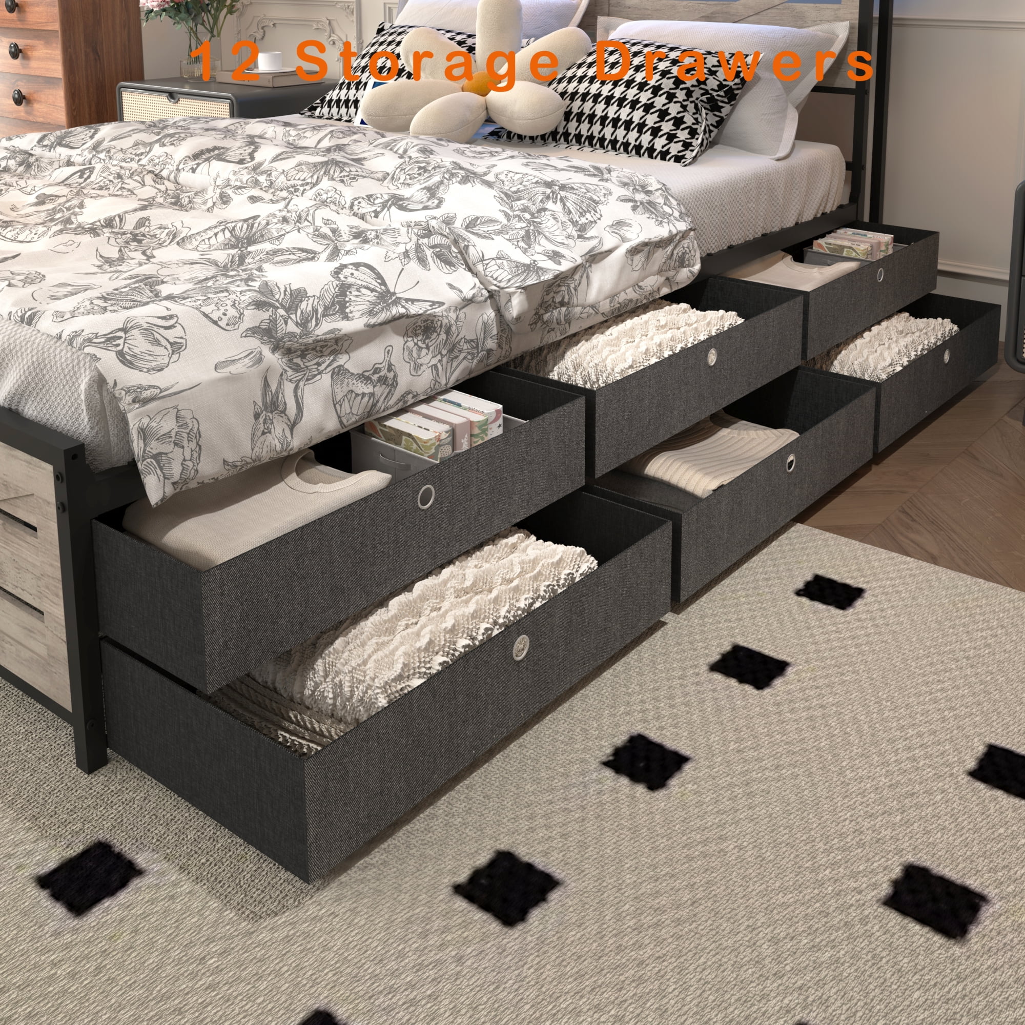 Leumius Full Size Bed Frame with 12 Drawers and LED Lights,Metal Platform Bed with Stroage Shlef,Gray
