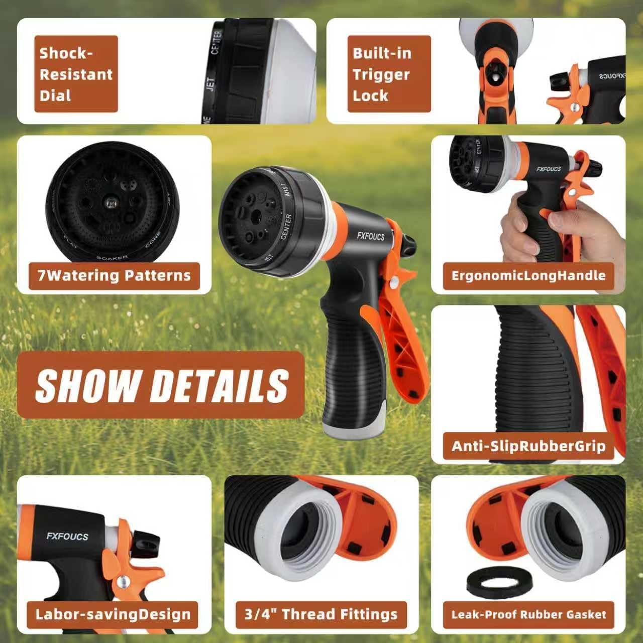 Garden Hose Nozzle Sprayer– this high heavy-duty spray nozzle offer 8 watering patterns for watering plants, lawns & gardens, washing cars, household (Dark Orange)