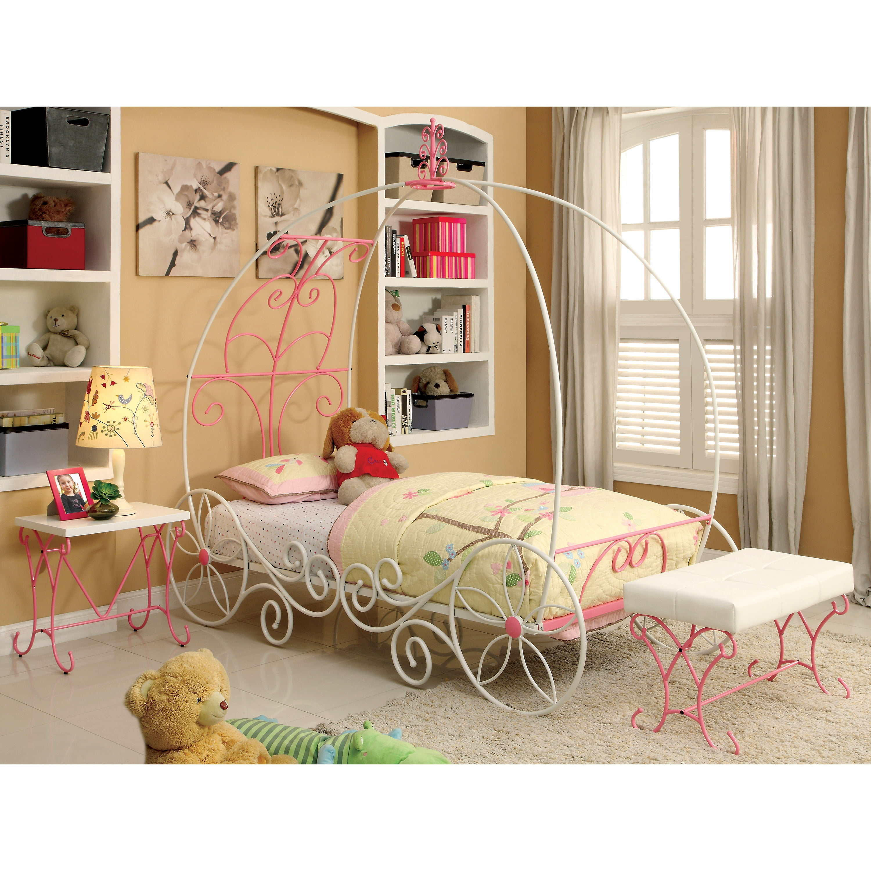 Furniture of America Omar Panel Metal Pink and White Twin Kids Carriage Bed
