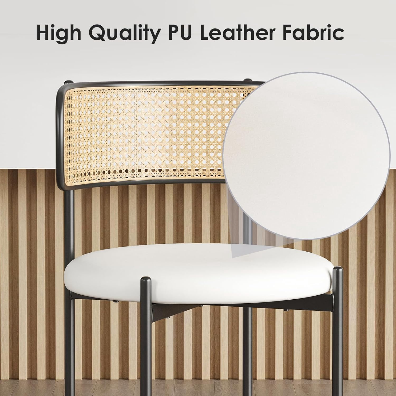 Farini Dining Chairs Set of 4, Upholstered PU Leather & Woven Rattan Side Chairs with Metal Legs for Kitchen, Dining Room, or Cafe, Beige