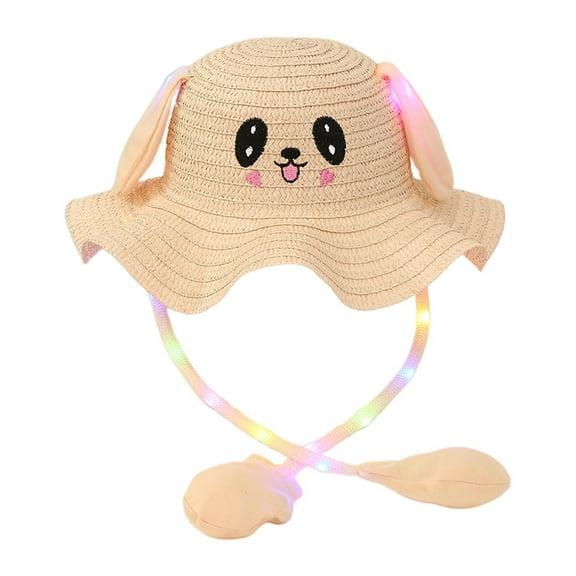 Milageto Kids Bunny Hat Lighted Sun Protection Fashionable Bucket Cap Straw Hat for Gift Skin Color