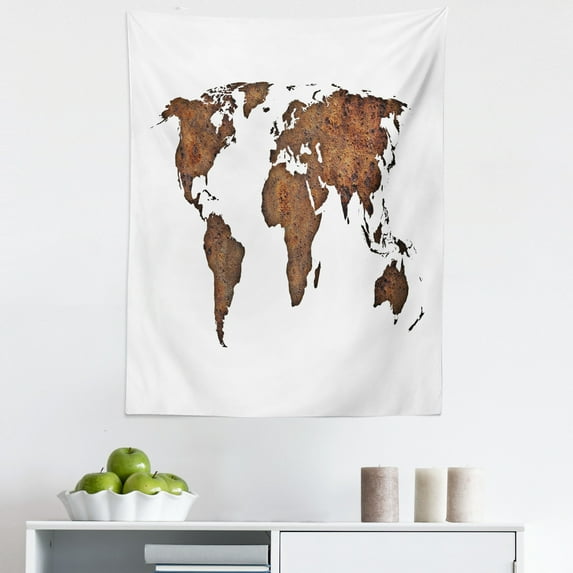 Map Tapestry, World Atlas with Grunge Weathered Rusty Effect Silhouette of Earth on Plain Back, Fabric Wall Hanging Decor for Bedroom Living Room Dorm, 5 Sizes, Brown Umber White, by Ambesonne
