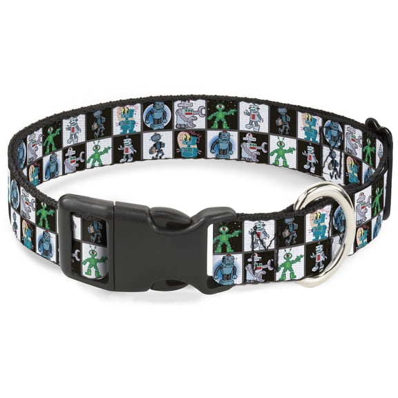 Buckle-Down Pet Collar, Dog Collar Plastic Buckle, Robot Checkers Black White, 9.5 to 14.5 Inches 0.5 Inch Wide