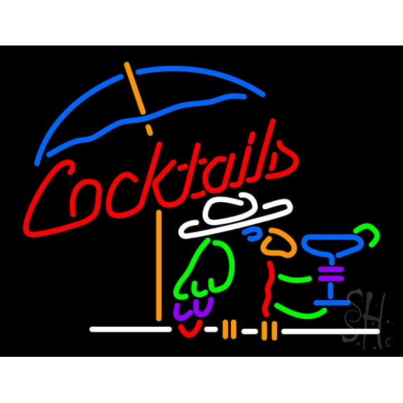 Cocktails Parrot LED Neon Sign 24 x 31 - inches, Clear Edge Cut Acrylic Backing, with Dimmer - Bright and Premium built indoor LED Neon Sign for Bar decor.