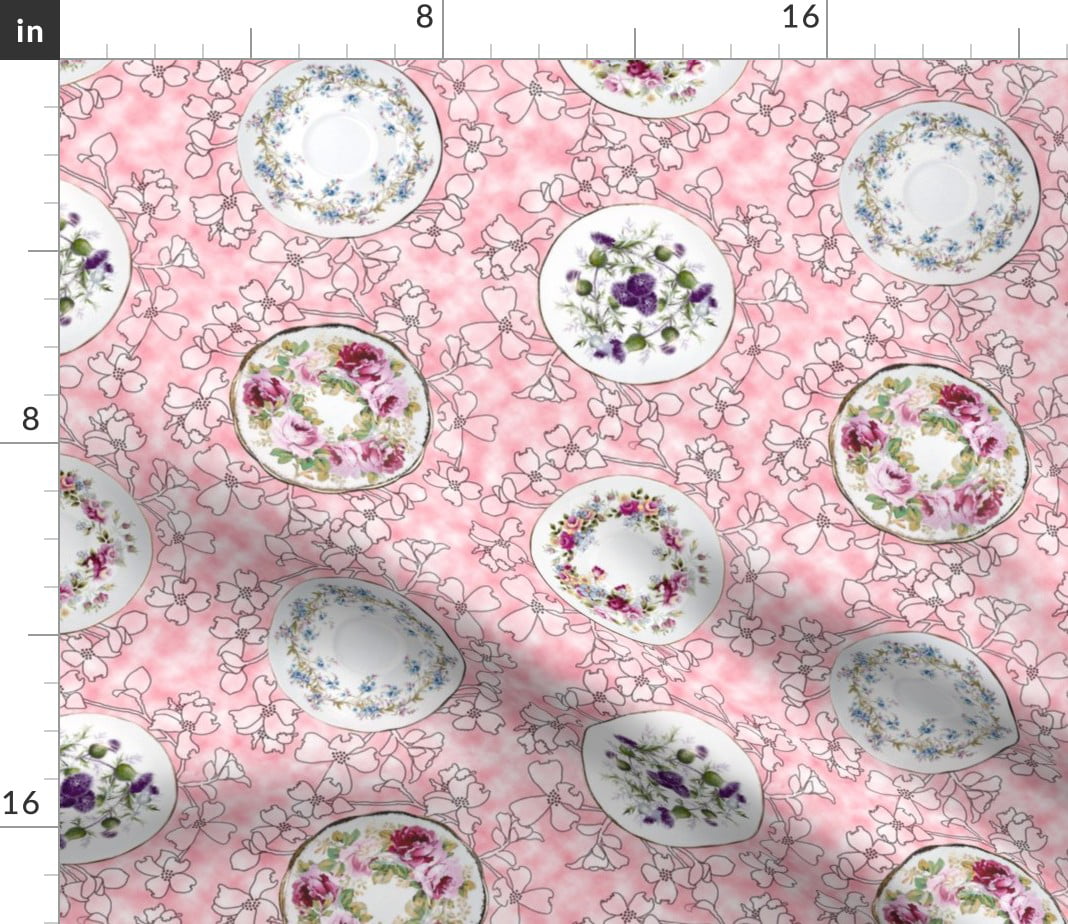 Teacup Teatime Pink Dots Floral Linen Cotton Tea Towels by Roostery Set of 2
