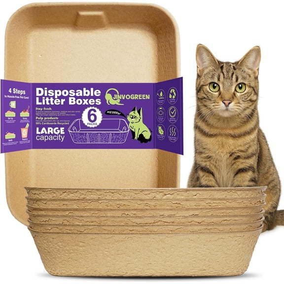Disposable Litter Boxes for Cats, 6 Pack Cat Litter Trays for Travel, Temporary Use, or Liner – Leak-Proof, Eco-Friendly, Easy Clean-Up (16.1" x 12.4" x 3.7")