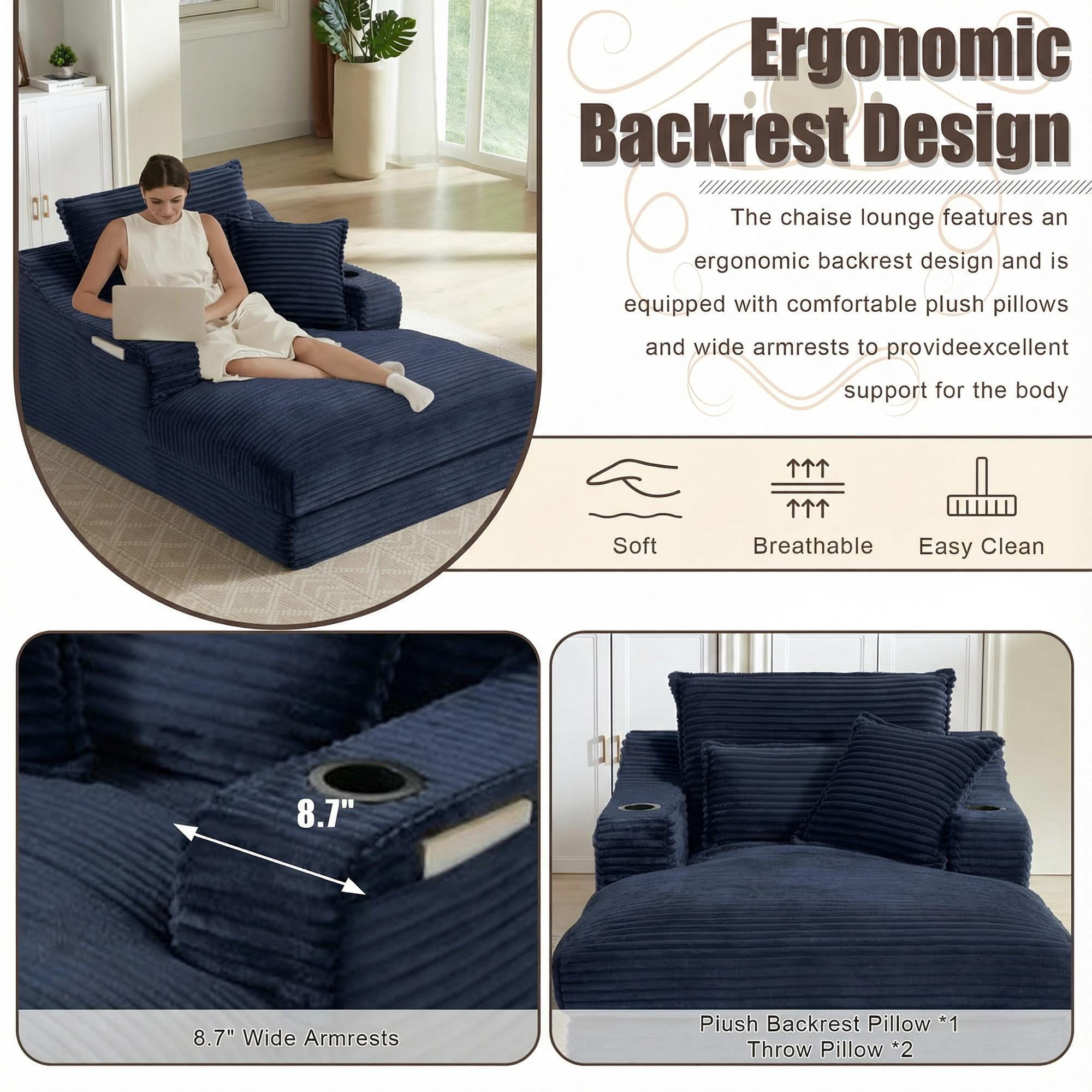 Kosynda 68"D Oversized Chaise Lounge Chair Indoor with Storage, Corduroy Upholstered Boneless Sleeper Sofa Bed with Cup Holder for Living Room, Bedroom, Blue