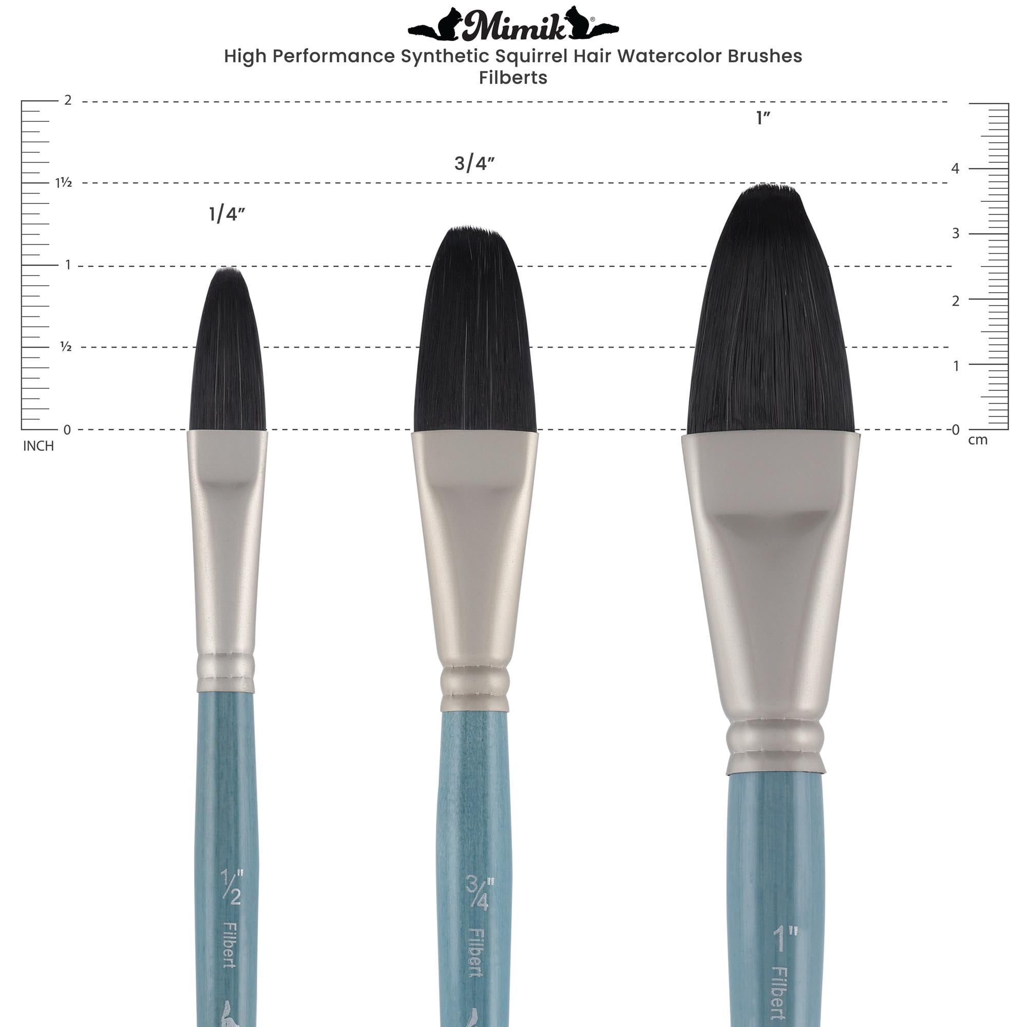 Mimik Professional Watercolor Brushes - Filbert Set of 3  - Synthetic Squirrel Hair - Natural Bristle Artist Brushes for Watercolors, Gouache & Acrylics - Imitates Natural Squirrel and Sable Hair