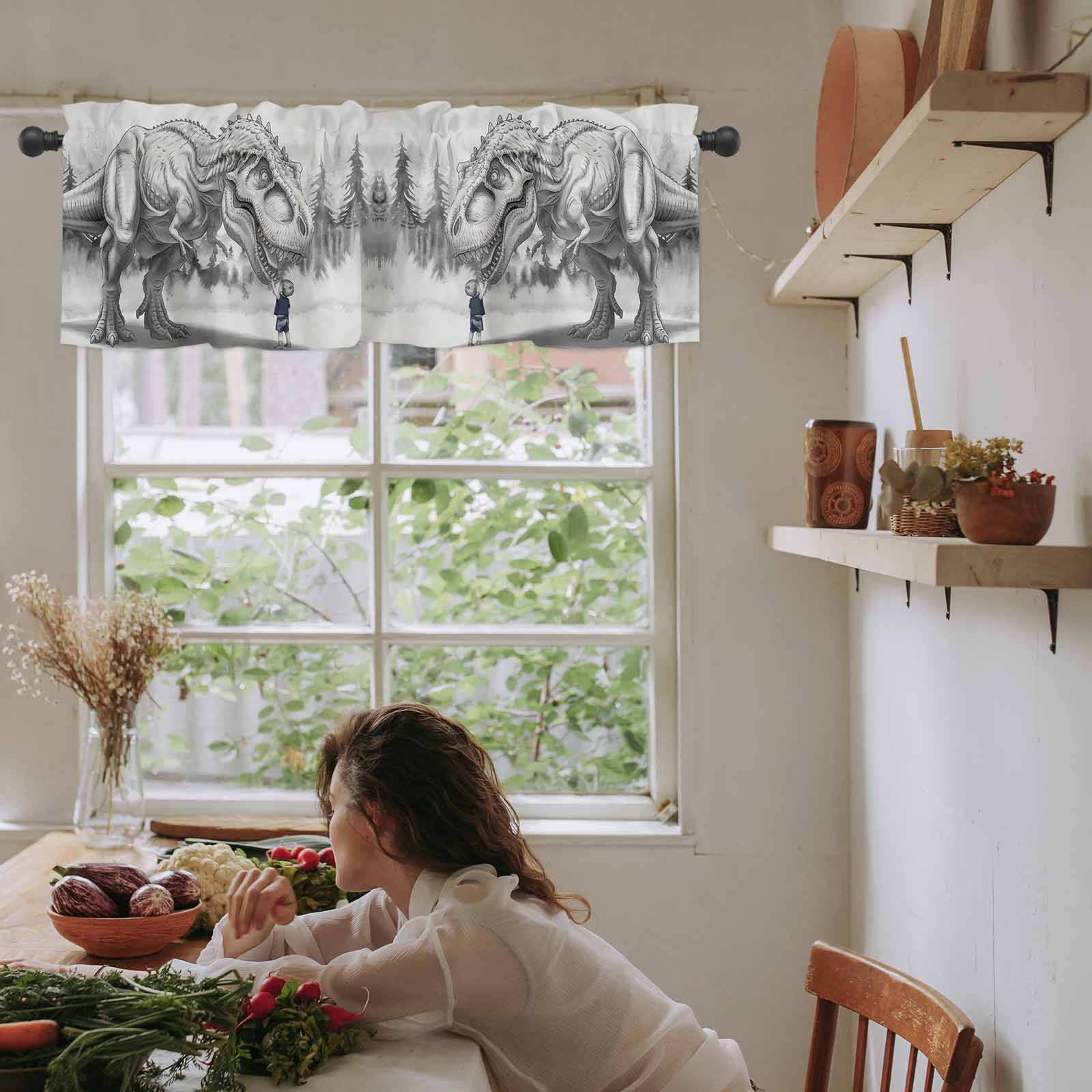 nqOlkjepod Dinosaurs Boy Farmhouse Short Window Curtain Valances, Gray Funny Cartoon Forest Animals Rod Pocket Kitchen Valances for Living Room Bedroom Bathroom Cafe, 1 Panel - 60" x 18"