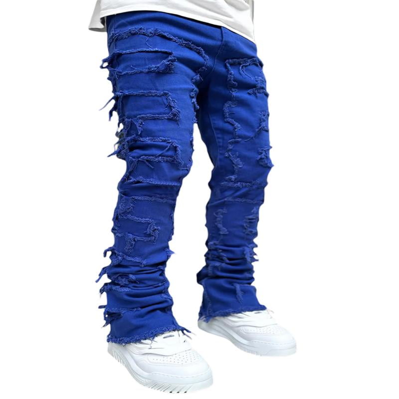 Sunisery Men's Regular Fit Stacked Jeans Patch Distressed Denim Pants Streetwear,Light Blue, Size: Medium