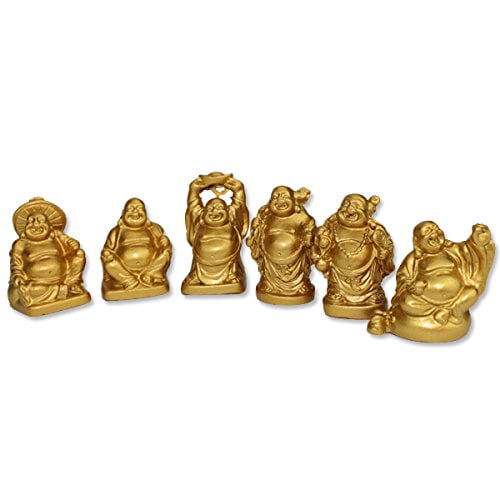 Gold, 2'' ADDUNE Set of 6 Laughing Happy Buddha Statue Resin Figurines Feng Shui for Luck Wealth Good Gift and Collection