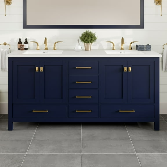 Eviva Aberdeen 72"W x 22"D Blue Double Sink Bathroom Vanity with White Carrara Quartz Countertop and Undermount Porcelain Sinks