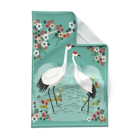 

Printed Tea Towel Linen Cotton Canvas - Cranes Birds Japanese Crane Floral Teal Blue Print Decorative Kitchen Towel by Spoonflower