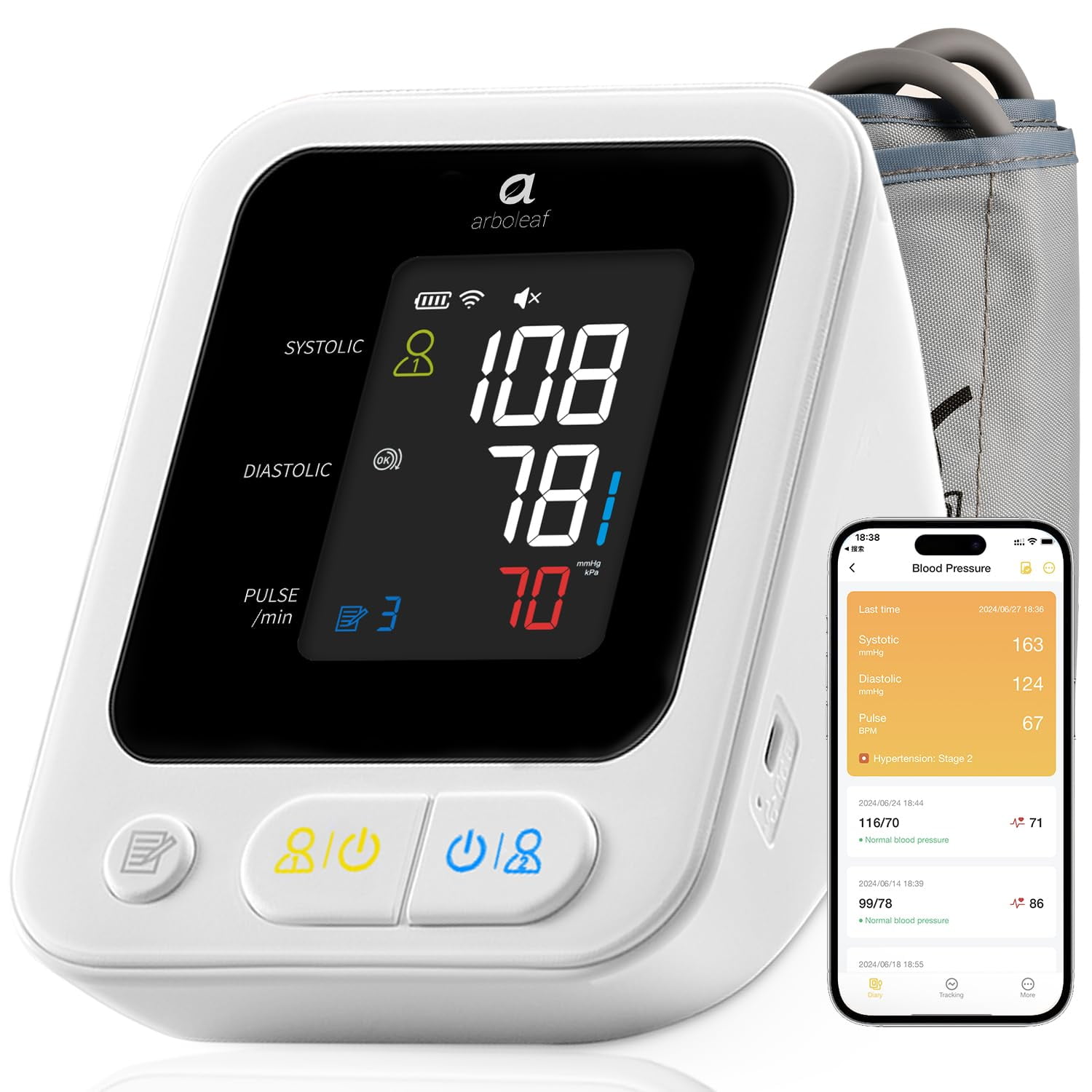 arboleaf Upper Arm Blood Pressure Monitor, Heart Health Tracker with App – Father's Day Gift, Rechargeable & Bluetooth