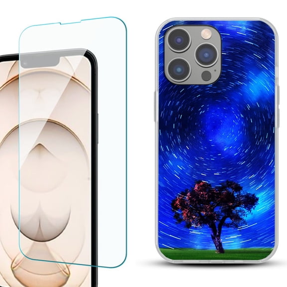 Slim-Fit Gel TPU Phone Case for iPhone 14 Pro, with Tempered Glass Screen Protector, by OneToughShield ® - Star Trails Tree