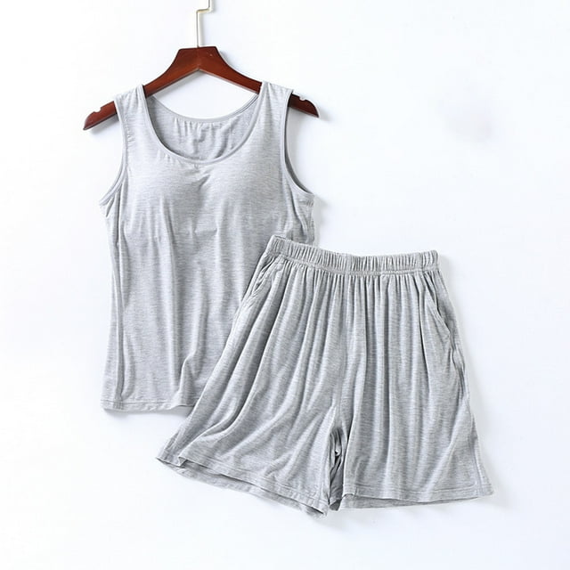 SDNall Womens Modal Pajama Set with Built-in Bra, Sleeveless Tank Top and 5-Inch Shorts for Summer