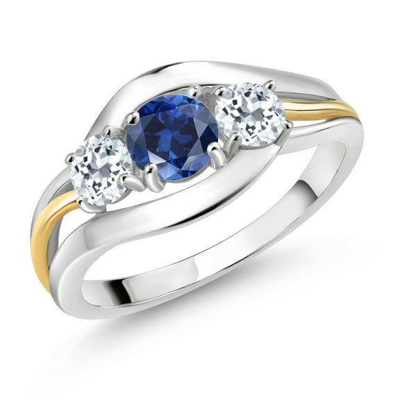 Gem Stone King 925 Sterling Silver and 10K Yellow Gold Round Blue Created Sapphire and White Topaz 3 Stone Ring for Women (1.26 Cttw, Size 9)