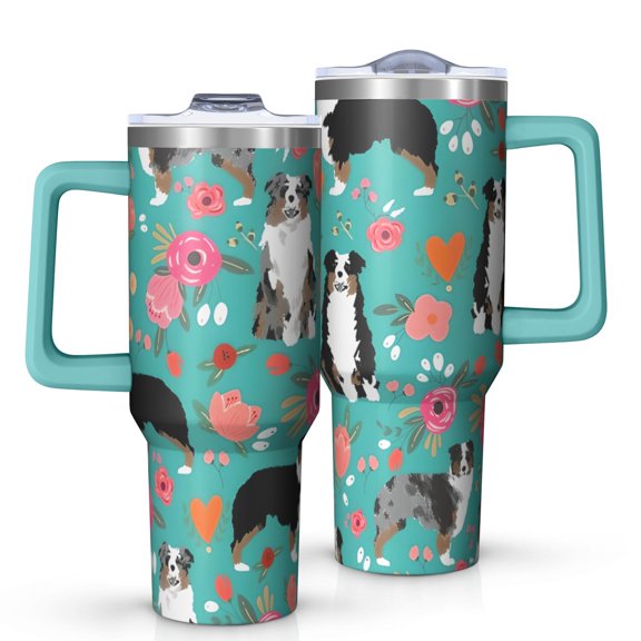 OBREWU Australian Shepherd Dog and Flower Tumbler with Handle and Lid,Australian Shepherd Dog and Flower 40oz Double Wall Vacuum Insulated Tumbler,Cups Gift for Women and Men