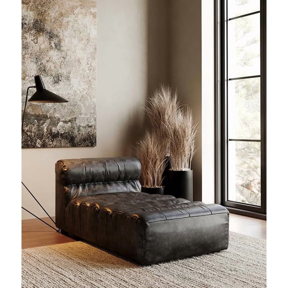 interoknack Vintage Leather Chaise Lounge – Modular Retro Tufted Sectional for Small Apartment Living Room, Black Armless Daybed