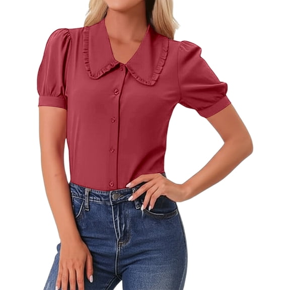 Gbsyewxs Womens Tops V Neck Puff Sleeve Solid Color Slim Button Summer T Shirts For Women Brick Red