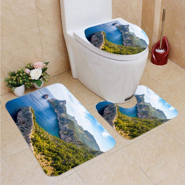 ABPHQTO Paisaje de Formentor Juego de alfombras de baño de 3 piezas Alfombra de baño Alfombra de contorno y tapa de inodoro