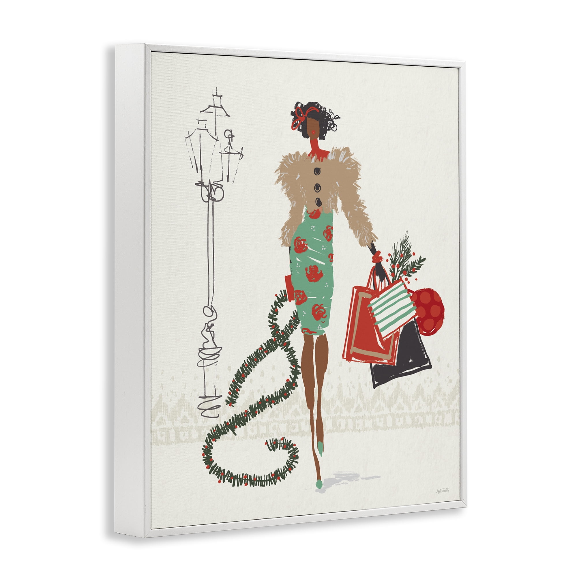 Stupell Industries Festive Shopping Girl Holiday Painting White Framed Art Prints Wall Art, 24 x 30