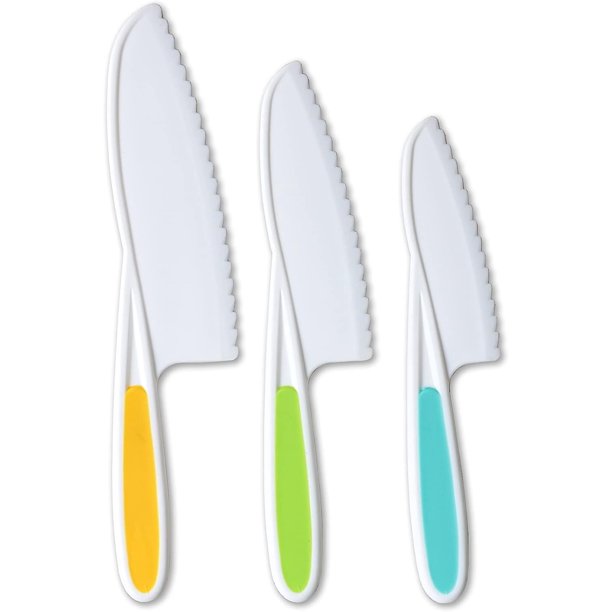 Juego de cuchillos de cocina para niños de 3 piezas de nailon: cuchillos de cocina para niños en tamaños y colores/mango firme, bordes de dientes, cuchillos para niños sin Bpa (colores, 11 Feliz Sencillez