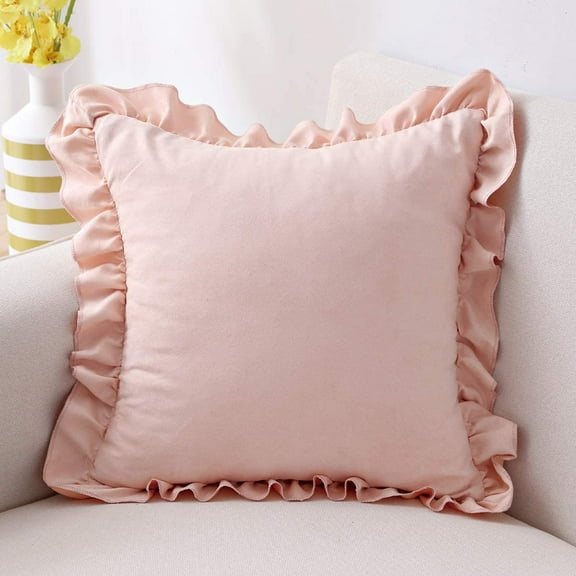 Nvzi Farmhouse Ruffles Throw Pillow Cover Super Soft Suede Decorative Lumbar Cushion Case Pillowcase for Sofa Couch Bed Chair Car (Pink, 18"x18")