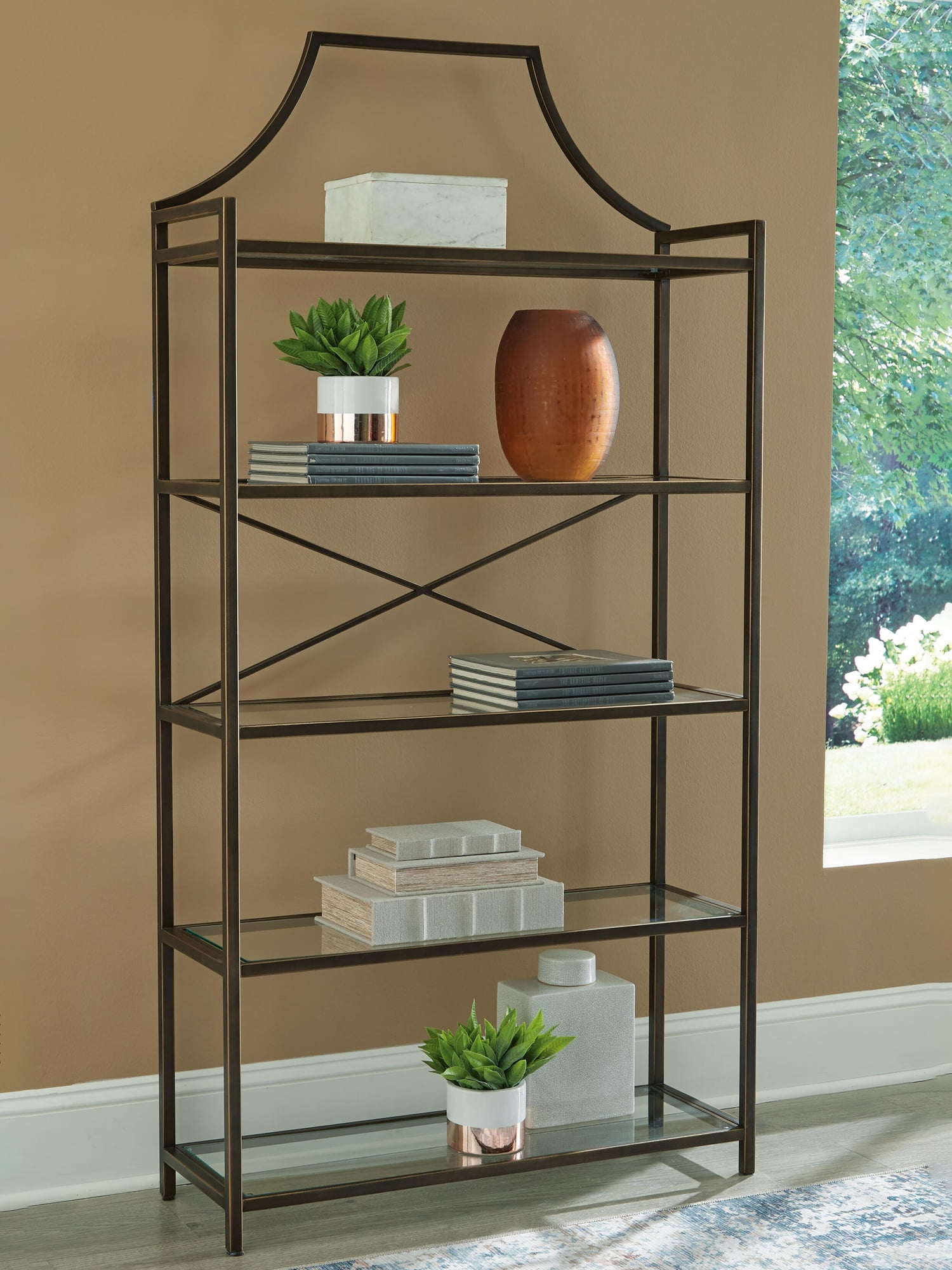 Ashley Furniture Bernonly 72" Glass Bookcase - 5 Shelf Metal Frame Display Storage Unit, Antique Bronze Finish