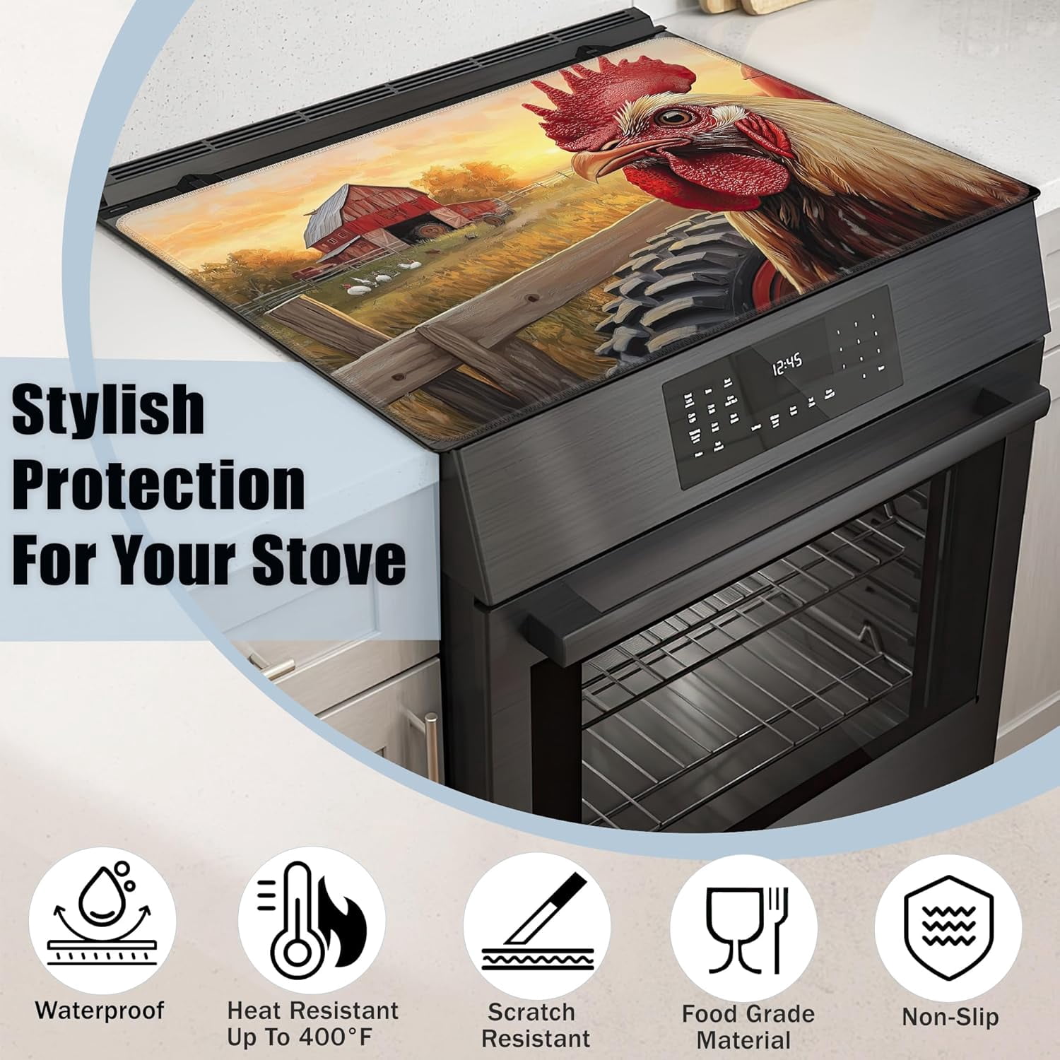 Rustic Rooster Glass Top Stove Cover Protector,Watercolor Farm Stove Top Covers for Electric Stove,Washable Heat Resistant Cooktop Mat Anti-Slip Range Covers, 28 x 20 Inch