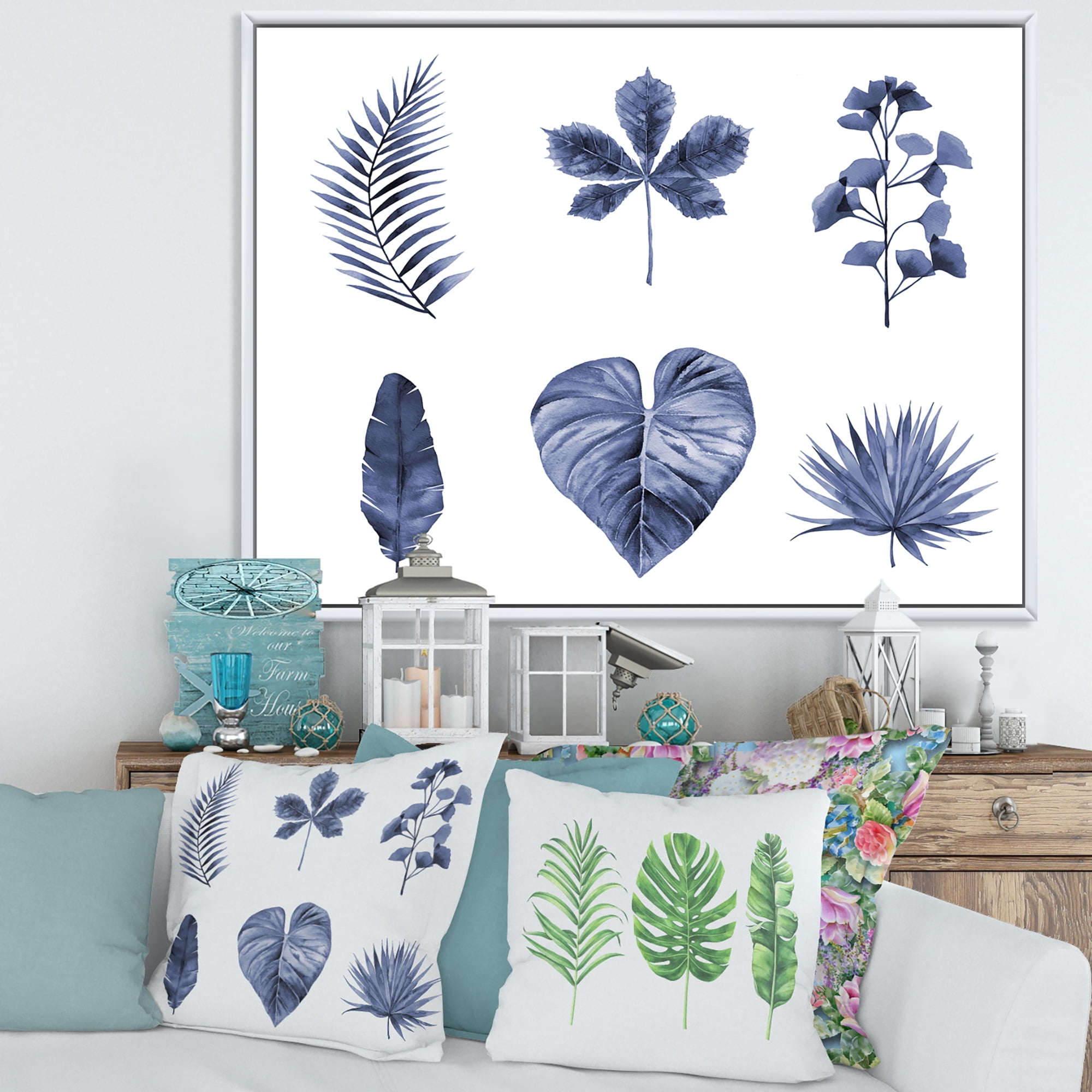 Designart 'Abstract Set Of Plant Leaves Blue' Traditional Framed Canvas Wall Art Print