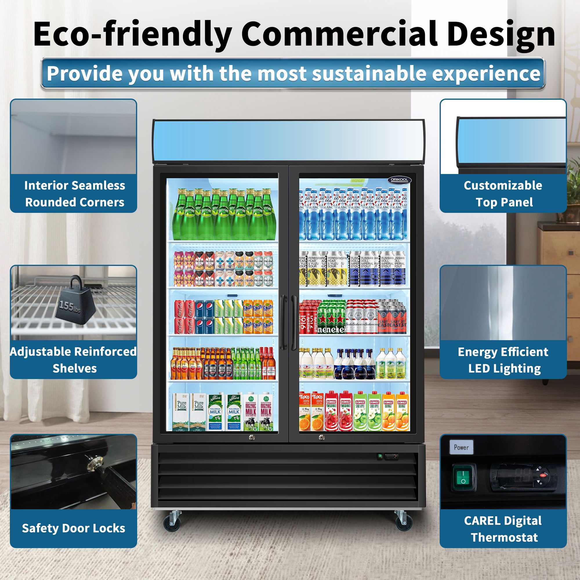 ORIKOOL 53 in Glass Door Merchandiser Refrigerator 44.7 Cu.ft Swing Door Commercial Display Refrigerators Merchandising Refrigeration with LED Top Panel