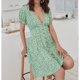 thumbnail image 3 of Vestido corto estampado con volantes florales, manga abombada, espalda fruncida, cuello en V profundo, línea A, vestido corto para mujer, 3 of 6