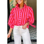 Stylish Striped Women's Shift Blouse – Button Down Shirt with Knot Detail, Versatile Summer Top for Professionals, M