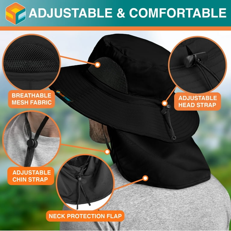 Fishing-Sun Hat Men UV-Protection Neck-Flap - Bucket Hat with  Removable Face Cover & Neck Flap Wide Brim Hiking Hat for Men (Black) :  Sports & Outdoors