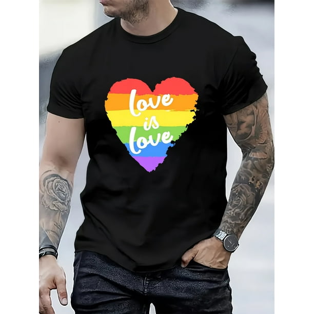 Men's Summer Rainbow Heart Print T-shirt, Round Neck Short-sleeved T-shirt, Casual Sports Top, Outdoor Men's Clothing