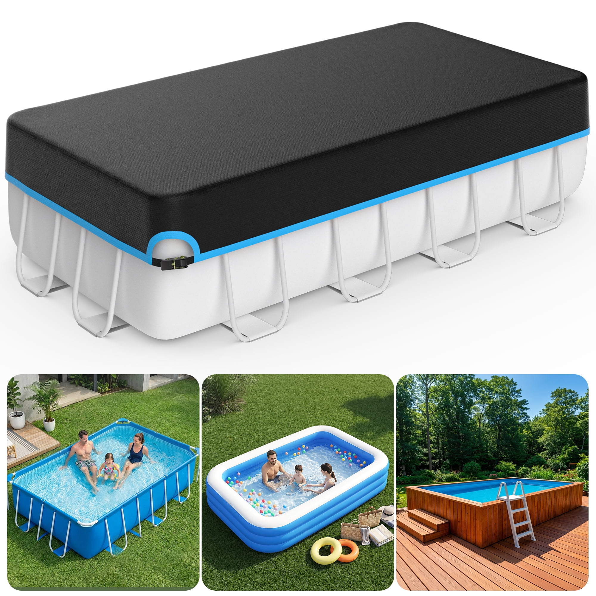 Agricasst 7X13FT Rectangular Pool Cover, 420D Solar Pool Covers for Above Ground Pool with Strap & Drawcord Tightener, Inflatable Pool Cover for UV Resistant, Waterproof Snowproof & Windproof, Blue