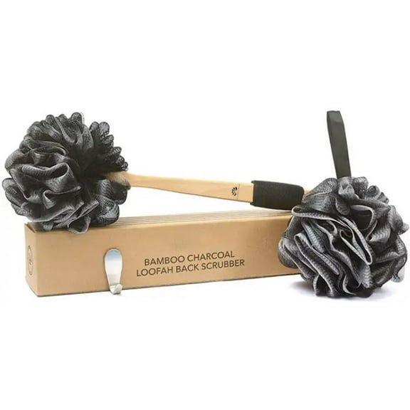 Premium 3-Piece Bamboo Charcoal Fiber Infused Bath Set: Long Handled Shower Sponge, Bath & Shower Luffa Pouf, & Hanging Hook - Exfoliation, Cleansing, and Storage by MZA Body Store